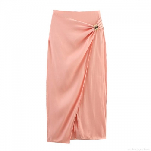 Women's Sexy Polyester Satin Wrap Midi Skirt Elegant High Waist Solid Color Bodycon Long Skirt With Gold Alloy Buckle For Party Streetwear
