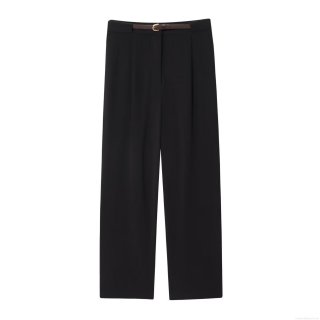 Women's Elegant High Waist Straight Leg Suit Pants With Brown Belt Fashion Pleated Solid Color Casual Trousers For Office Commute Lady
