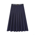Women's High Waisted A-Line Pleated Midi Skirt With Belt Solid Color Polyester Elegant Streetwear Skirts For Daily Dating Ladies Fashion