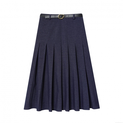 Women's High Waisted A-Line Pleated Midi Skirt With Belt Solid Color Polyester Elegant Streetwear Skirts For Daily Dating Ladies Fashion
