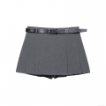 Women High Waist Pleated Skort With Crocodile Pattern PU Leather Belt Alloy Buckle Solid Gray Mini A-Line Skirt Pants Polyester Twill Streetwear