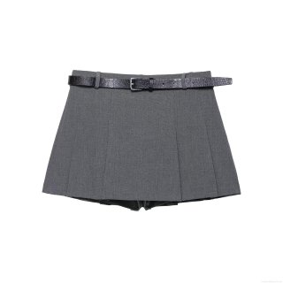 Women High Waist Pleated Skort With Crocodile Pattern PU Leather Belt Alloy Buckle Solid Gray Mini A-Line Skirt Pants Polyester Twill Streetwear