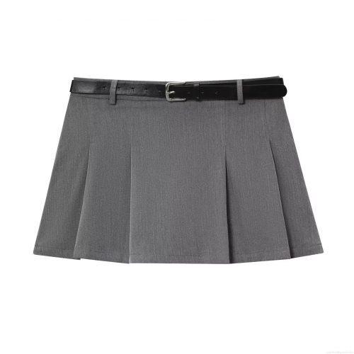 Women's High Waisted Pleated Mini Skirt with Belt Grey Solid Color Sexy A-Line Short Skirt European American Streetwear Clubwear Polyester Skirts