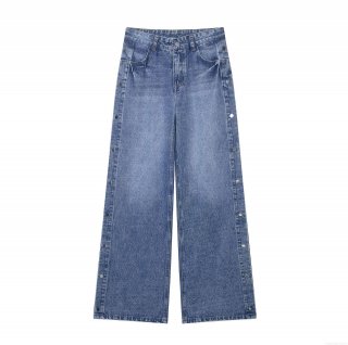 Women's Fashion High Waisted Straight Leg Jeans Side Metal Button Decoration Loose Wide Leg Denim Look Long Trousers Trousers