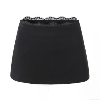 Women Sexy Black Lace Trim Mini Skirt Solid Color Polyester Blend Straight Skirt High Waist Streetwear Party Summer Short Skirt