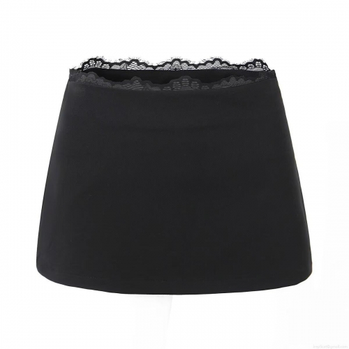 Women Sexy Black Lace Trim Mini Skirt Solid Color Polyester Blend Straight Skirt High Waist Streetwear Party Summer Short Skirt