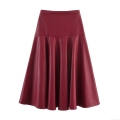 Women's Faux Leather Pleated Midi Skirt High Waist A-Line Solid Color PU Leather Skirt For Office Streetwear Ladies Casual Elegant Bottoms