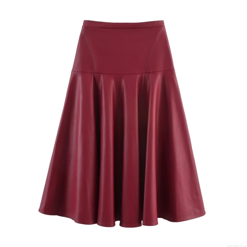 Women's Faux Leather Pleated Midi Skirt High Waist A-Line Solid Color PU Leather Skirt For Office Streetwear Ladies Casual Elegant Bottoms