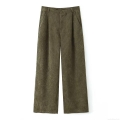 Women's High Waist Corduroy Wide Leg Pants Vintage Solid Olive Green Casual Straight Long Trousers With Pockets Elegant Loose Fitting Bottoms For Ladies