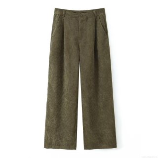 Women's High Waist Corduroy Wide Leg Pants Vintage Solid Olive Green Casual Straight Long Trousers With Pockets Elegant Loose Fitting Bottoms For Ladies