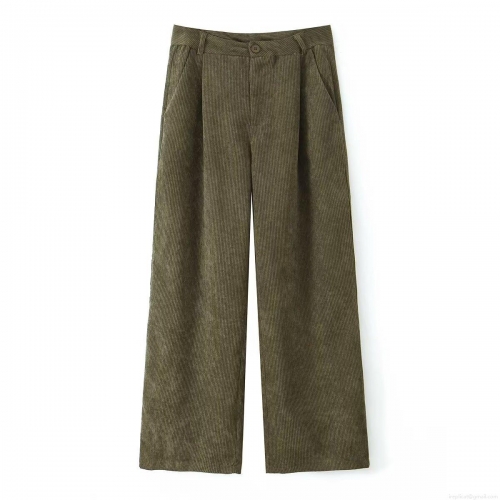 Women's High Waist Corduroy Wide Leg Pants Vintage Solid Olive Green Casual Straight Long Trousers With Pockets Elegant Loose Fitting Bottoms For Ladies