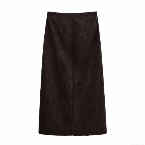 Women's High Waist Faux Suede Midi Skirt Sexy Side Slit Button Decor Straight Bodycon Pencil Skirt Solid Coffee Brown Autumn Streetwear Skirt