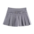 Women's Sexy Silver Gray Pleated Mini Skirt High Waist Solid Color Polyester Short Skirt With Belt Streetwear Fashionable Casual Skirt For Women