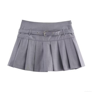 Women's Sexy Silver Gray Pleated Mini Skirt High Waist Solid Color Polyester Short Skirt With Belt Streetwear Fashionable Casual Skirt For Women