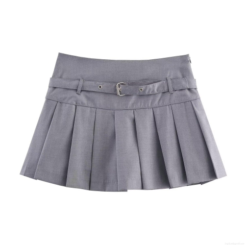 Women's Sexy Silver Gray Pleated Mini Skirt High Waist Solid Color Polyester Short Skirt With Belt Streetwear Fashionable Casual Skirt For Women