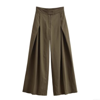 Women's High Waist Wide Leg Trousers 100% Polyester Pleated Loose Straight Casual Pants For Office Commuting Daily Minimalist Solid Color Olive Green