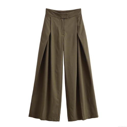 Women's High Waist Wide Leg Trousers 100% Polyester Pleated Loose Straight Casual Pants For Office Commuting Daily Minimalist Solid Color Olive Green