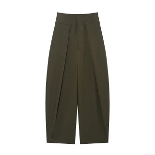 Women's High Waisted Pleated Balloon Pants Polyester Dark Olive Green Solid Color Casual Trousers Loose Wide Leg Long Pants for Office Daily Wear