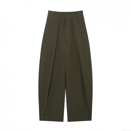 Women's High Waisted Pleated Balloon Pants Polyester Dark Olive Green Solid Color Casual Trousers Loose Wide Leg Long Pants for Office Daily Wear