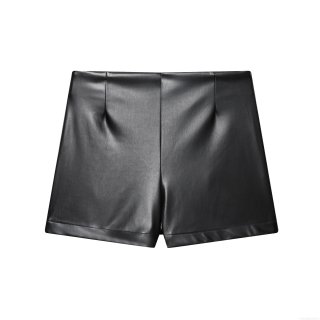 Women's High Waisted Faux Leather Shorts Solid Black Pleated PU Shorts Fashion Chic Mini Bottoms With Side Zipper For Women