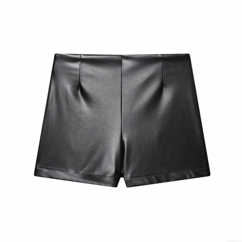 Women's High Waisted Faux Leather Shorts Solid Black Pleated PU Shorts Fashion Chic Mini Bottoms With Side Zipper For Women