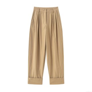 Women's High Waist Wide Leg Casual Pants Pleated Front Cuffed Hem Khaki 100% Polyester Trousers Straight Leg Fashion Commuter Lady Pants For Spring Fall