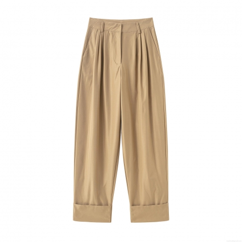 Women's High Waist Wide Leg Casual Pants Pleated Front Cuffed Hem Khaki 100% Polyester Trousers Straight Leg Fashion Commuter Lady Pants For Spring Fall