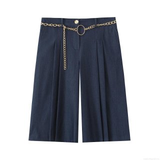 Women's Fashion Navy Blue Casual Wide Leg Shorts With Gold Metal Chain Belt High Waisted Polyester Twill Summer Culottes For Women