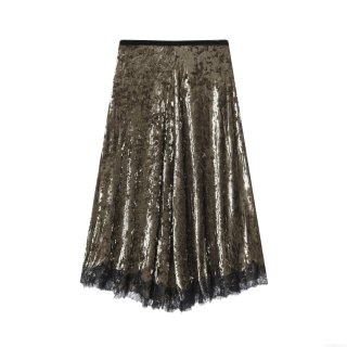Women's Vintage Bronze Crushed Velvet Skirt With Black Lace Hem Sexy High Waist Midi Straight Polyester Skirt For Party Clubwear