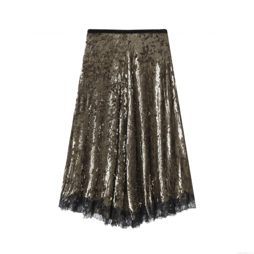 Women's Vintage Bronze Crushed Velvet Skirt With Black Lace Hem Sexy High Waist Midi Straight Polyester Skirt For Party Clubwear
