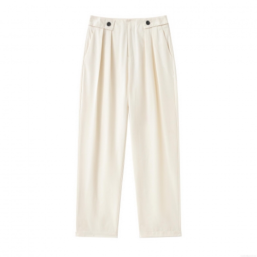 Women's High Waist Casual Wide Leg Pants Fashion Decorative Button Pleated Trousers Creamy White Straight Trousers For Office Daily Wear