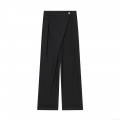Women's High Waisted Wide Leg Pants Asymmetrical Overlap Waist Button Solid Black Casual Trousers Chic Straight Drape Trousers Elegant Office Lady Streetwear Fashion Bottoms