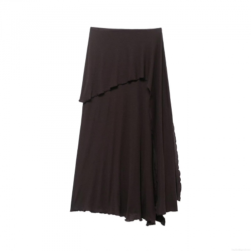 Women Sexy Knit Midi Skirt Polyester Solid Coffee Color Irregular Tiered Ruched High Waist Straight Skirt For Streetwear Party Club Date Night