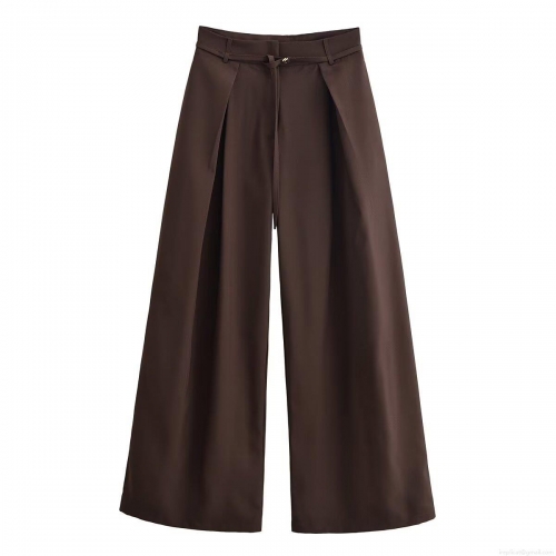 Women's High Waist Wide Leg Trousers With Belt Solid Color Loose Fit Polyester Long Pants For Office Commute Daily Wear Elegant Casual Style