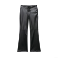 Women's Fashion Faux Leather Flare Pants High Waist Cross Tie-Up Front PU Leather Trousers Slim Fit Black Bell Bottoms For Party Club Night Out