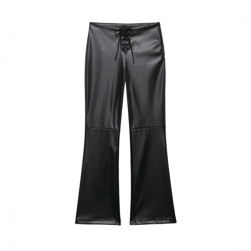 Women's Fashion Faux Leather Flare Pants High Waist Cross Tie-Up Front PU Leather Trousers Slim Fit Black Bell Bottoms For Party Club Night Out
