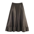 Women's Satin Texture Midi Skirt Elegant High Waisted Pleated A-Line Skirt Solid Color Glossy Silk-Like Long Bottoms For Party Streetwear Chic Fashion Dark Coffee