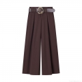 Women's High Waisted Straight Wide Leg Pants With Belt Coffee Brown 100% Polyester Casual Long Trousers For Work Office Fashion Ladies Apparel