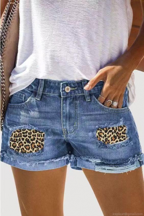 Women's Casual Washed Denim Shorts With Leopard Patchwork Ripped Distressed Frayed Hem High Street Cotton Denim Shorts For Summer