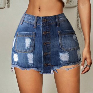 Women Sexy Blue Denim Mini Skirt Ripped Distressed Frayed Hem Metal Buttons Single Breasted Slim Fit Jean Skirt Streetwear Fashion Bottoms