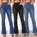 Women's High Waisted Multi Button Flare Jeans Cotton Blend Slim Fit Washed Denim Bell Bottom Long Pants For Commute Vintage Fashion