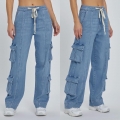 Women's Streetwear Washed Cargo Jeans Multi-pocket Wide-leg Denim Pants With Adjustable Drawstring Waist Cotton Blend Casual Trousers For Spring