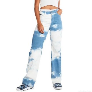 Women's High Waisted Blue and White Cloud Print Tie Dye Wide Leg Jeans Casual Cotton Blend Denim Long Straight Trousers Streetwear