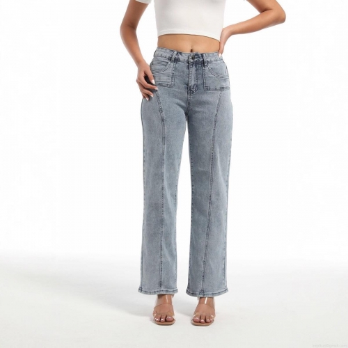 Women's Vintage Washed Light Blue Straight Leg Denim Jeans High Stretch Retro Casual Long Pants With Decorative Stitching Cotton Blend Denim Trousers