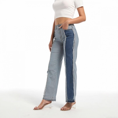 Women's High Waisted Color Block Patchwork Straight Leg Jeans Stretchy Cotton Blend Denim Pants With Raw Hem Raw Edge Long Trousers Streetwear Casual For Ladies