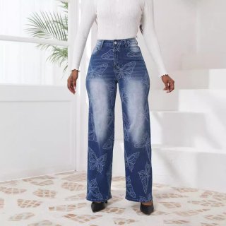 Women's High Waist Straight Leg Denim Jeans With All-over Butterfly Print Casual Loose Blue Washed Long Pants For Women Streetwear