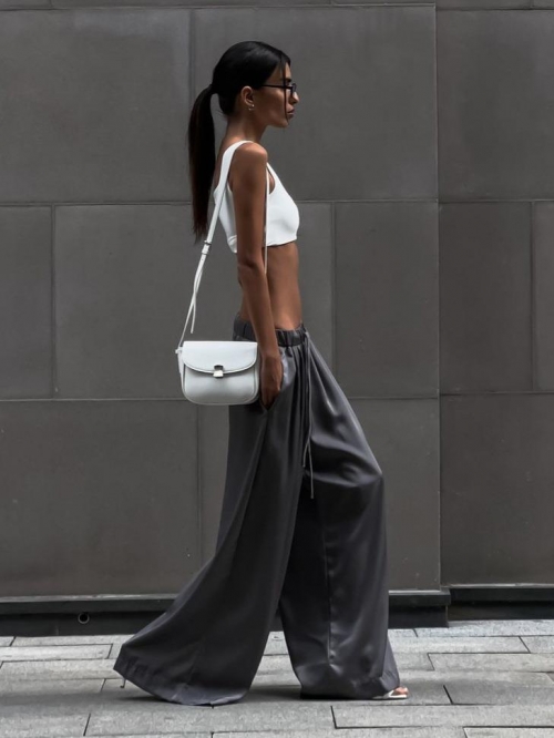 Women's High Waisted Wide Leg Satin Pants Glossy Cotton Blend Loose Trousers For Streetwear Party Commuter Modern Punk Style Summer