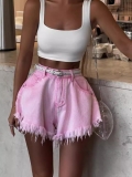 Women High Waisted Denim Shorts Frayed Tassel Hem Cotton Blend Wide Leg Hot Pants Summer Streetwear Spicy Girl Style Washed Pink Gray Shorts