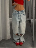 Women High Waist Ripped Wide Leg Jeans Cotton Denim Distressed Streetwear Baggy Straight Cut Light Blue Summer Casual Trousers For Women