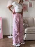 Women's Pink Cargo Wide Leg Pants Cotton Blend Quick Dry High Waist Side Stripe Streamer Trousers American Sporty Loose Lounge Pants for Summer Streetwear